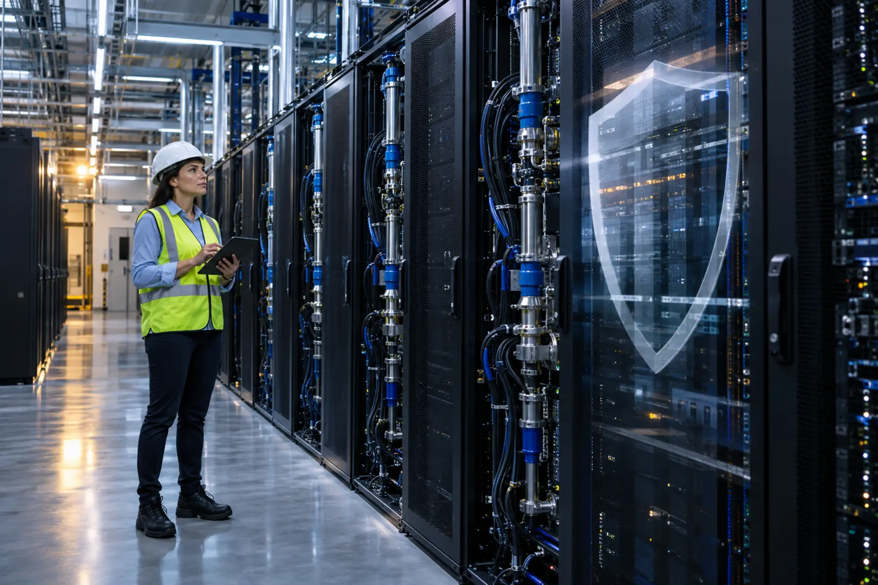 Ingénieure risques inspectant les systèmes de refroidissement liquide d’un datacenter hyperscale protégé symboliquement par un bouclier