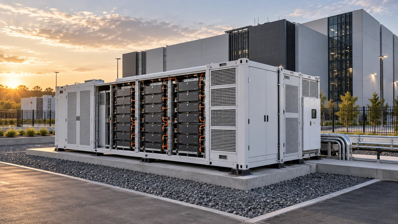 Un grand conteneur de stockage par batteries industrielles au premier plan d’un campus de datacenter moderne.