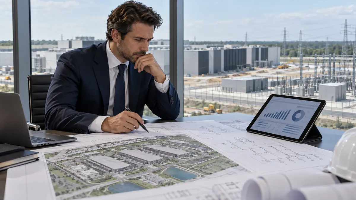 Investisseurs et développeurs étudiant le financement d'un projet de datacenter avant sa construction