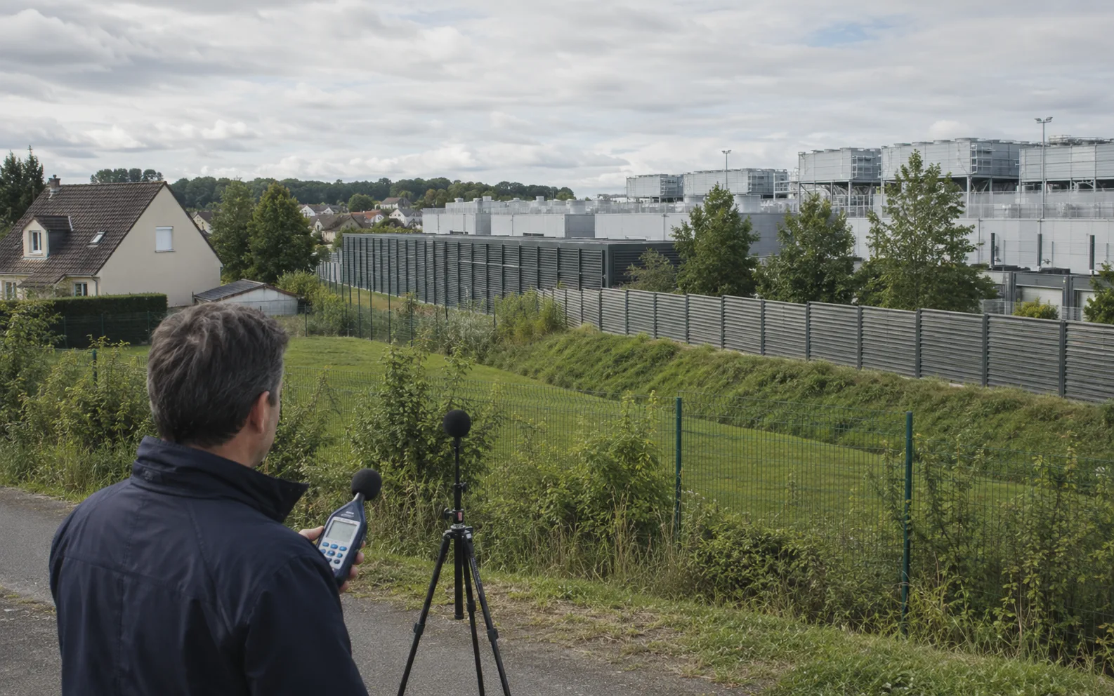 Un technicien relève le niveau sonore au sonomètre depuis un chemin, entre les pavillons voisins et un datacenter dont les groupes de refroidissement occupent la toiture