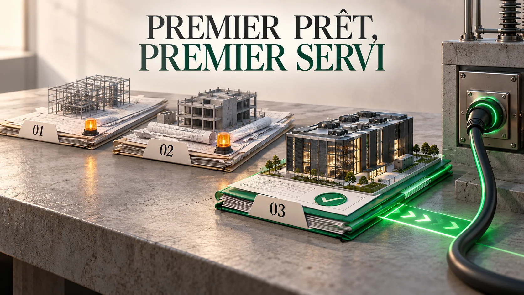 Illustration du premier prêt, premier servi : le troisième projet, complet et validé, accède au raccordement électrique devant deux projets arrivés plus tôt mais encore inachevés.