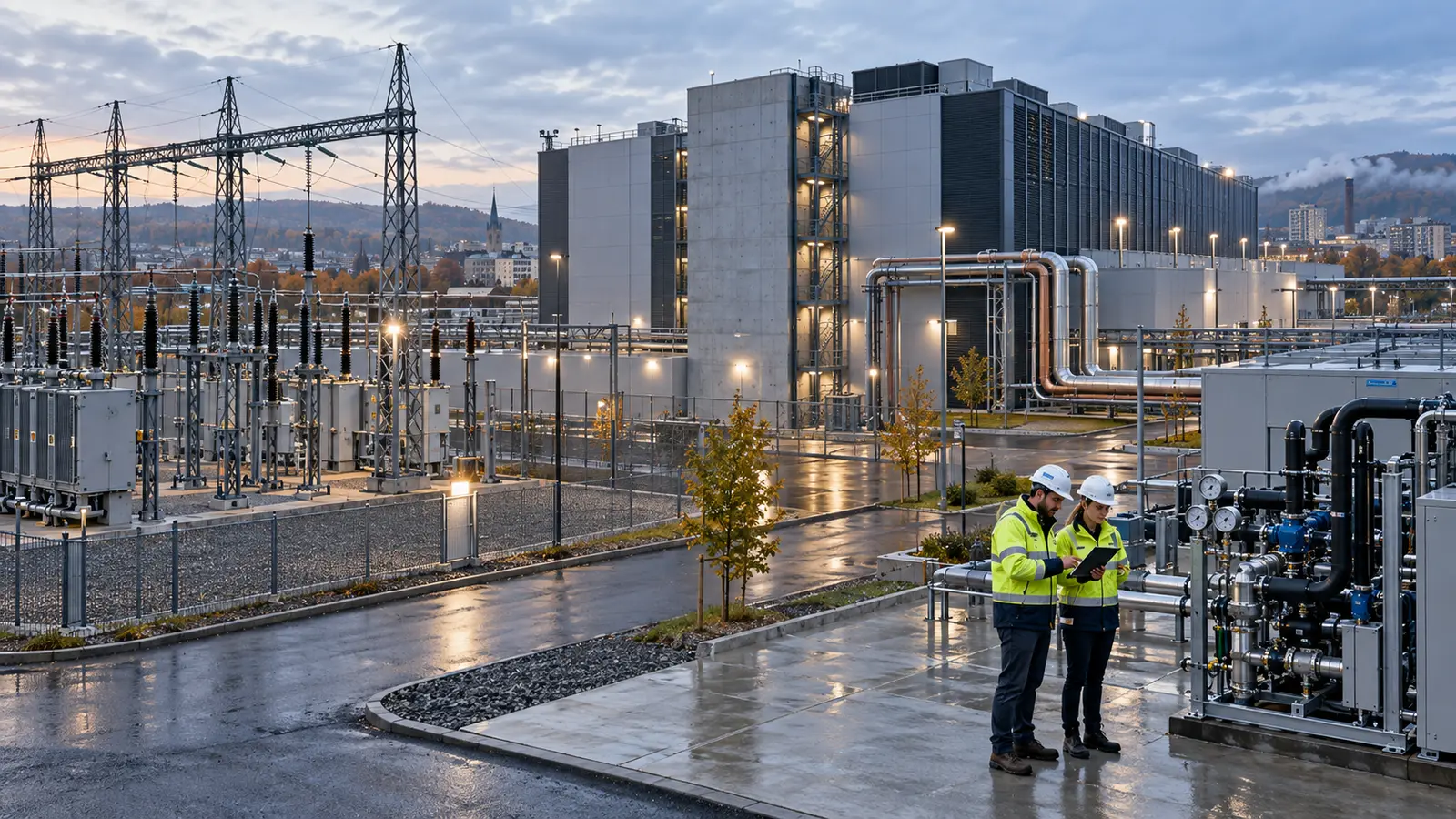 Deux ingénieurs contrôlent les interfaces électriques et thermiques d’un datacenter européen relié à un poste électrique.