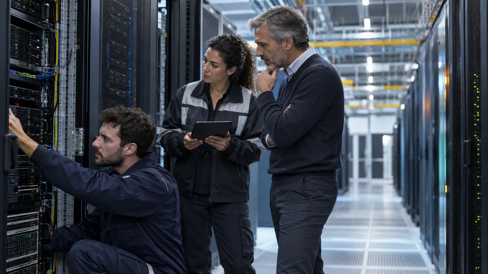 Technicien, ingénieure et responsable de site réunis dans une salle informatique de data center en France
