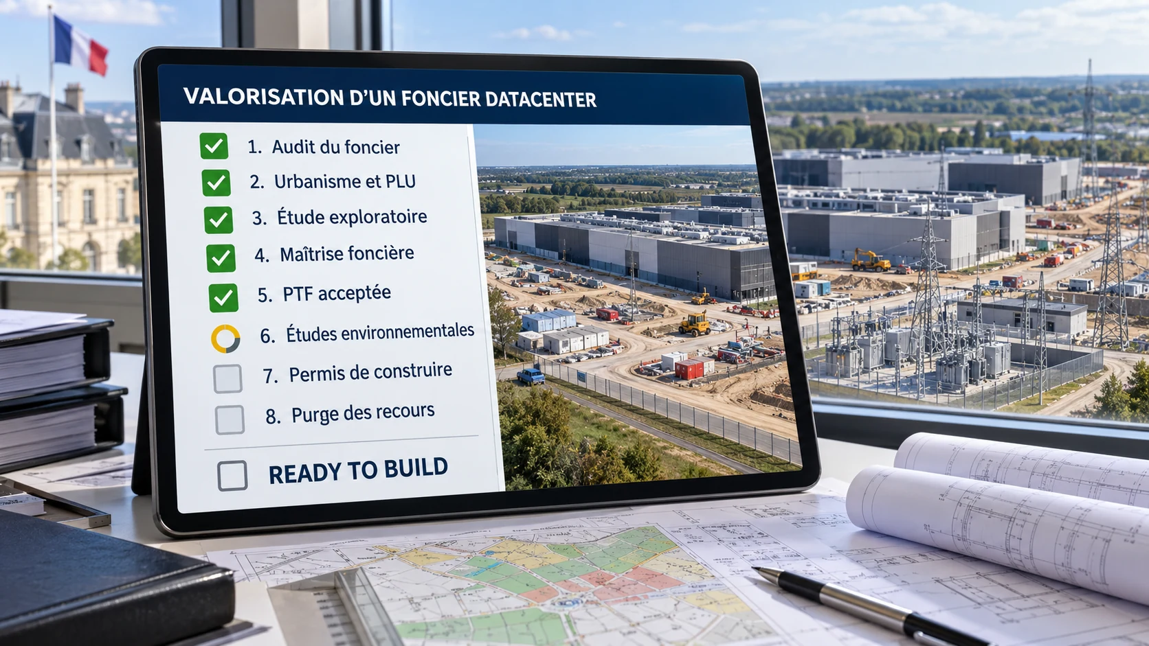 Tableau de suivi des démarches de valorisation d’un foncier datacenter, de l’audit initial au statut Ready to Build, devant un campus en construction